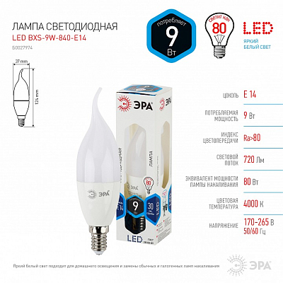 Лампа светодиодная Эра Стандарт E14 9Вт 4000K LED BXS-9W-840-E14 400_400_2473742
