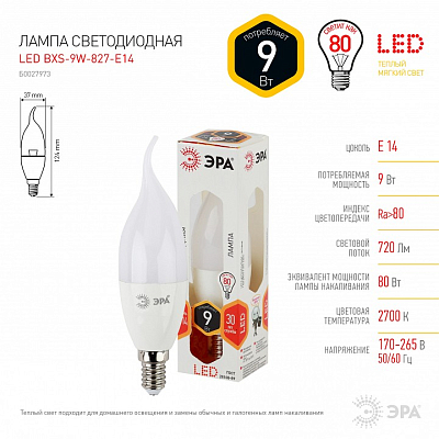 Лампа светодиодная Эра Стандарт E14 9Вт 2700K LED BXS-9W-827-E14 400_400_2473736