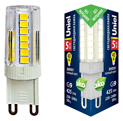 Лампа светодиодная Uniel  G9 5Вт 3000K LED-JCD-5W/3000K/G9/CL GLZ09TR картон 400_400_1858446