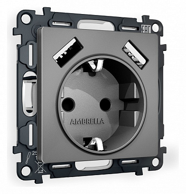 Розетка с заземлением и со шторкой и 2хUSB type A, без рамки Ambrella Volt ALFA MA659010 400_400_2186953