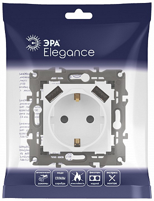 Розетка с заземлением и со шторкой и 2хUSB, без рамки Эра Эра Elegance 14-4109-01М 400_400_2402114
