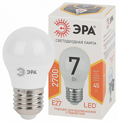 Лампа светодиодная Эра Стандарт E27 7Вт 2700K LED P45-7W-827-E27 400_400_2473426