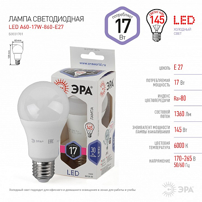 Лампа светодиодная Эра Стандарт E27 17Вт 6000K LED A60-17W-860-E27 400_400_2473933