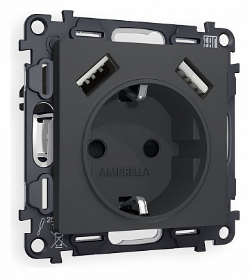Розетка с заземлением и со шторкой и 2хUSB type A, без рамки Ambrella Volt ALFA MA909010 400_400_2187194