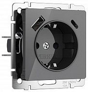Розетка с заземлением и со шторками и 2хUSB, без рамки Werkel графит акрил W1171744 500_191_2297149