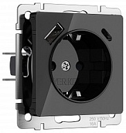 Розетка с заземлением и со шторками и 2хUSB, без рамки Werkel черный акрил W1171748 500_191_2297147