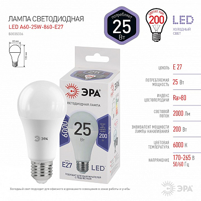 Лампа светодиодная Эра Стандарт E27 25Вт 6000K LED A65-25W-860-E27 400_400_2474271