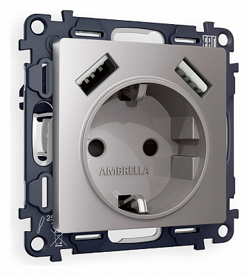 Розетка с заземлением и со шторкой и 2хUSB type A, без рамки Ambrella Volt ALFA MA509010 400_400_2186474