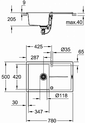 31639AP0 K400 Композитная мойка с крылом,780 x 500, черный гранит 400_400_1439762