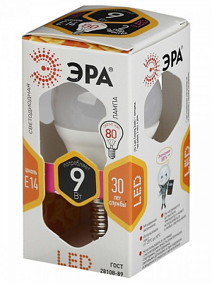 Лампа светодиодная Эра Стандарт E14 9Вт 2700K LED P45-9W-827-E14 400_400_2473796